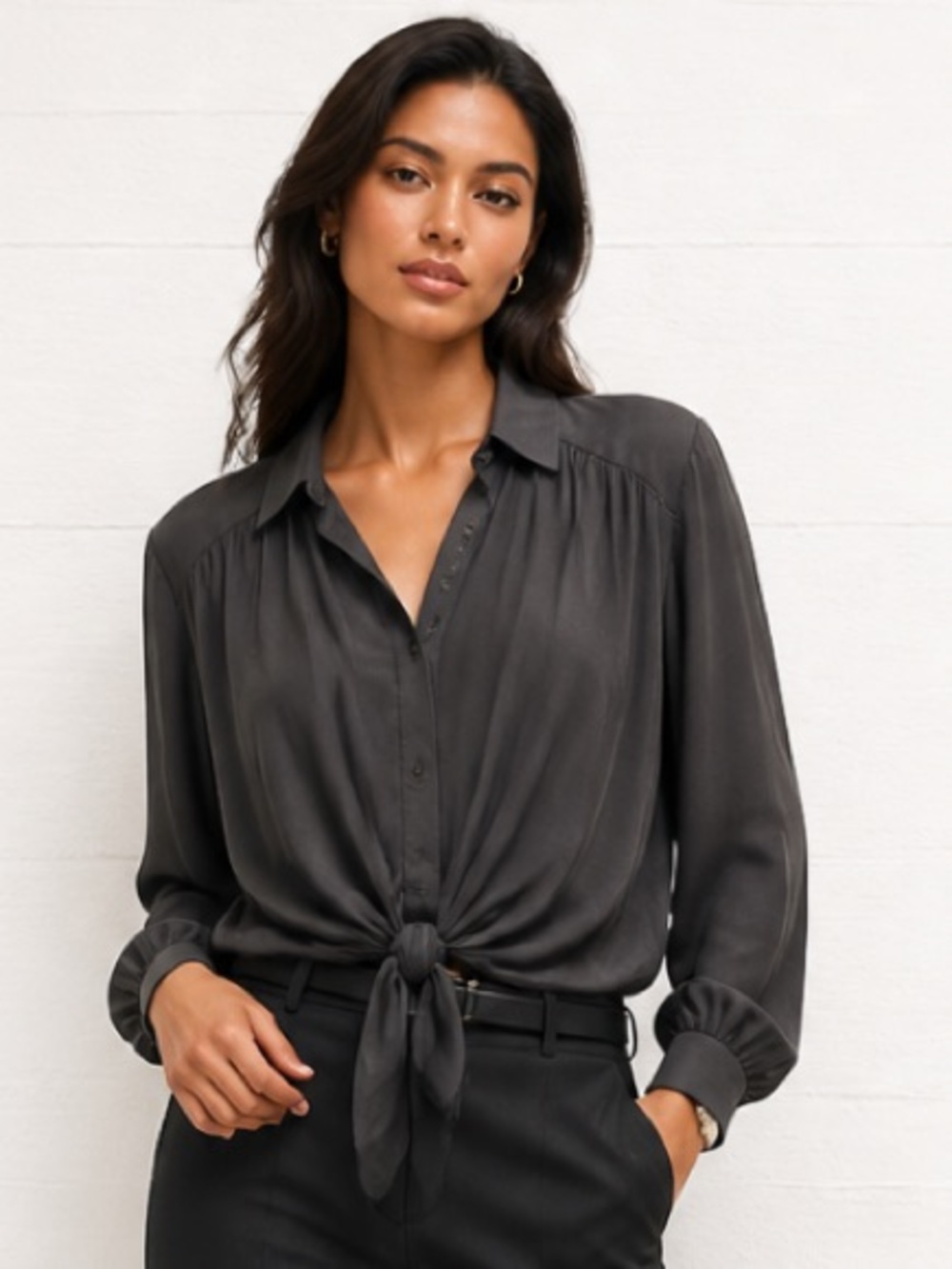 MAEVE Anthropologie Blouse Top Tie Gray Peasant Boho Long High Low